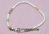 CFN514 9mm - 10mm potato white freshwater pearl & yellow crazy lace agate necklace