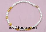 CFN522 9mm - 10mm potato white freshwater pearl & yellow banded agate necklace
