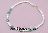 CFN524 9mm - 10mm potato white freshwater pearl & green banded agate necklace