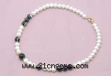 CFN525 9mm - 10mm potato white freshwater pearl & black banded agate necklace