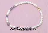 CFN532 9mm - 10mm potato white freshwater pearl & amethyst gemstone necklace