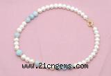 CFN535 9mm - 10mm potato white freshwater pearl & aquamarine necklace