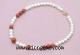 CFN561 9mm - 10mm potato white freshwater pearl & red jasper necklace