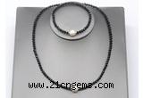 CFN627 4mm faceted round black spinel & potato white freshwater pearl jewelry set