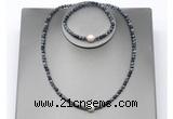 CFN629 4mm faceted round snowflake obsidian & potato white freshwater pearl jewelry set