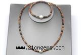 CFN638 4mm faceted round picasso jasper & potato white freshwater pearl jewelry set