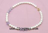 CFN706 9mm - 10mm potato white freshwater pearl & lavender amethyst necklace