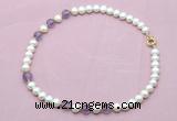 CFN712 9mm - 10mm potato white freshwater pearl & amethyst necklace