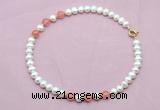 CFN715 9mm - 10mm potato white freshwater pearl & cherry quartz necklace