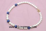 CFN724 9mm - 10mm potato white freshwater pearl & lapis lazuli necklace