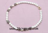 CFN727 9mm - 10mm potato white freshwater pearl & grey agate necklace