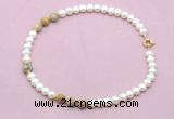 CFN734 9mm - 10mm potato white freshwater pearl & yellow crazy lace agate necklace