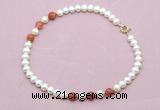 CFN737 9mm - 10mm potato white freshwater pearl & fire agate necklace