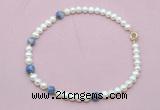 CFN742 9mm - 10mm potato white freshwater pearl & blue spot stone necklace