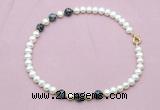 CFN750 9mm - 10mm potato white freshwater pearl & snowflake obsidian necklace
