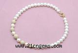 CFN753 9mm - 10mm potato white freshwater pearl & white fossil jasper necklace