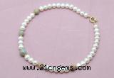 CFN761 9mm - 10mm potato white freshwater pearl & serpentine jasper necklace