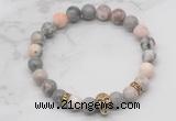 CGB7355 8mm pink zebra jasper bracelet with skull for men or women