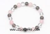 CGB8001 8mm white crystal, rose quartz & smoky quartz beaded stretchy bracelets