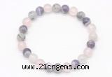 CGB8003 8mm black rutilated quartz, dogtooth amethyst & rose quartz beaded stretchy bracelets