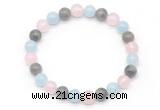 CGB8006 8mm aquamarine, labradorite & rose quartz beaded stretchy bracelets