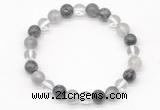 CGB8022 8mm white crystal, cloudy quartz & black labradorite beaded stretchy bracelets