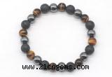 CGB8042 8mm black lava, hematite & yellow tiger eye beaded stretchy bracelets