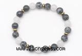 CGB8123 8mm snowflake obsidian, white jade & hematite power beads bracelet