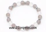 CGB8141 8mm matte grey agate, white crystal & hematite power beads bracelet