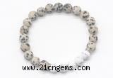 CGB8298 8mm matte dalmatian jasper & matte white howlite beaded mala stretchy bracelets