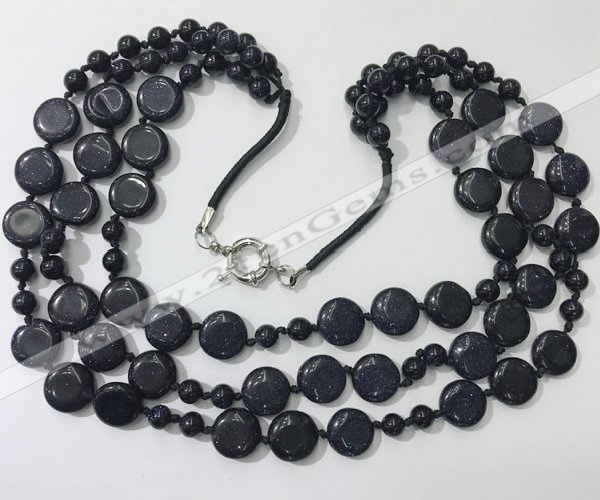 CGN801 23.5 inches stylish 3 rows round & coin blue goldstone necklaces