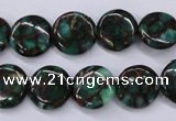 CGO141 15.5 inches 14mm flat round gold green color stone beads