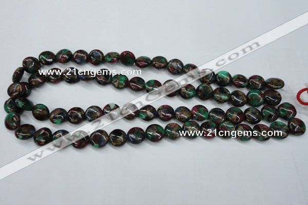 CGO33 15.5 inches 14mm flat round gold multi-color stone beads