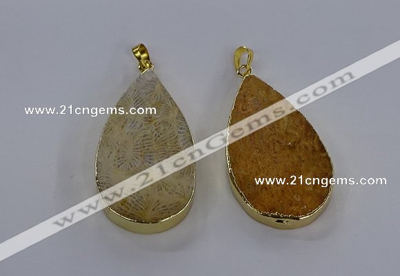 CGP3016 28*50mm flat teardrop fossil coral pendants wholesale