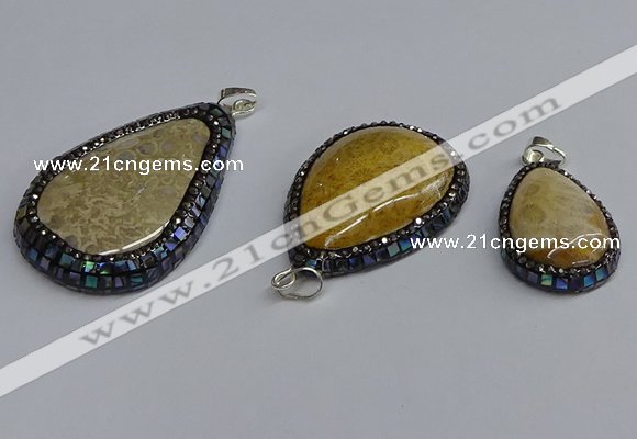 CGP3415 22*35mm - 35*50mm flat teardrop fossil coral pendants