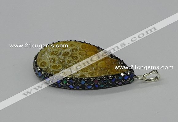 CGP3418 30*50mm - 35*55mm flat teardrop fossil coral pendants