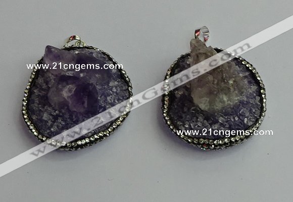 CGP366 30*40mm - 35*45mm freeform crystal glass & amethyst pendants