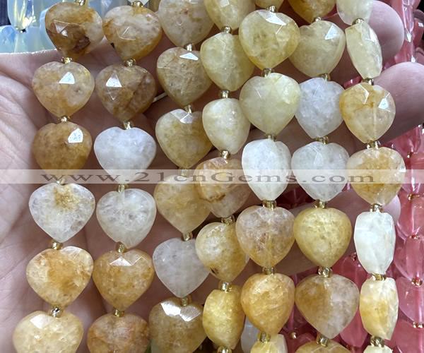CHG356 15 inches 14mm faceted heart yellow quartz beads