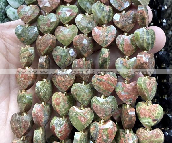CHG369 15 inches 14mm faceted heart unakite gemstone beads