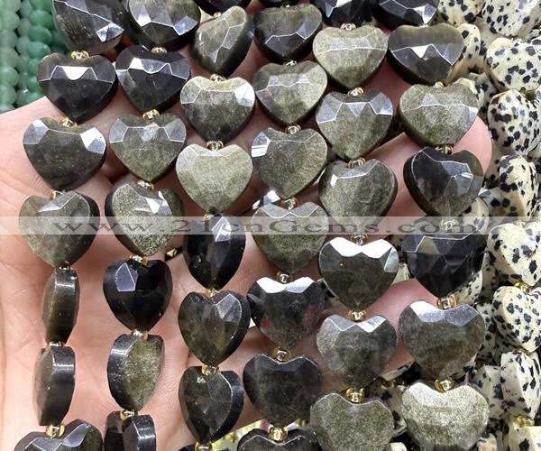 CHG377 15 inches 14mm faceted heart golden obsidian beads