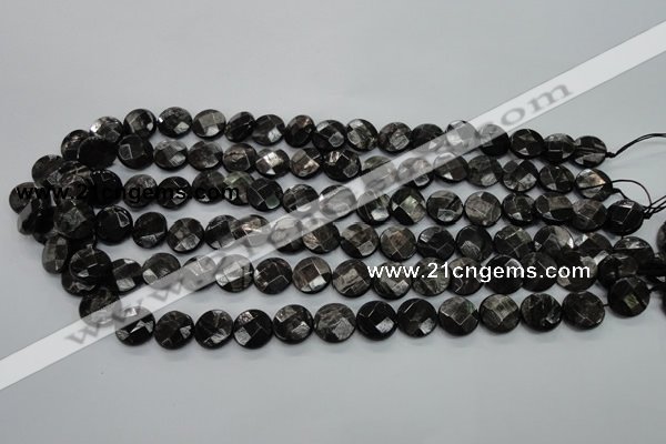 CHS18 15.5 inches 12mm faceted coin natural hypersthene beads