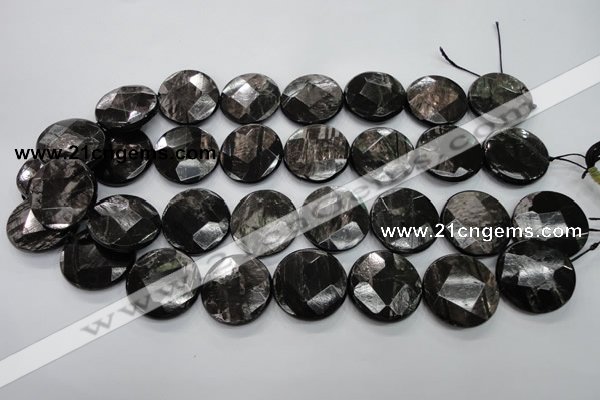 CHS22 15.5 inches 25mm faceted coin natural hypersthene beads