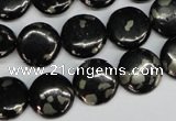 CJB158 15.5 inches 14mm flat round natural jet & pyrite gemstone beads