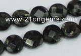 CLB305 15.5 inches 12mm faceted flat round black labradorite beads