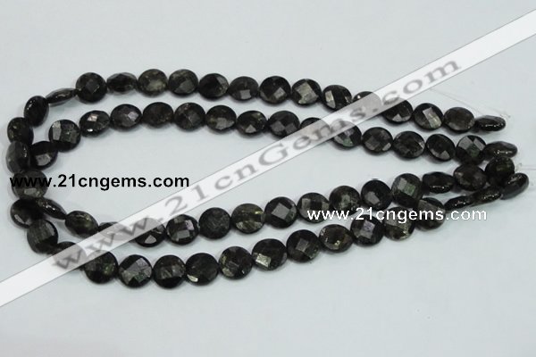 CLB305 15.5 inches 12mm faceted flat round black labradorite beads