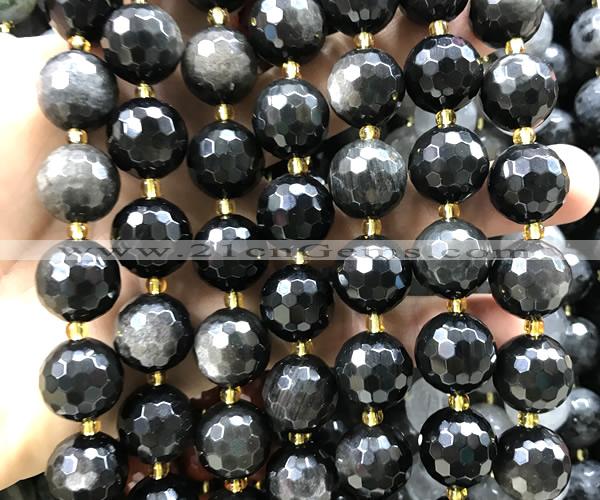 CLS435 15 inches 16mm faceted round silver obsidian gemstone beads