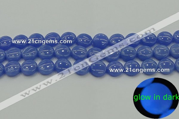 CLU172 15.5 inches 12mm flat round blue luminous stone beads