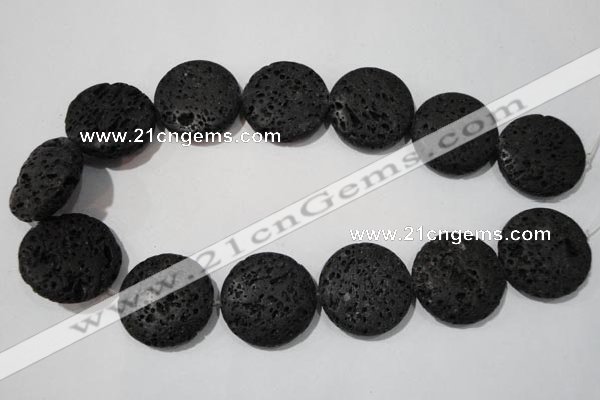 CLV502 15.5 inches 30mm flat round black lava beads wholesale