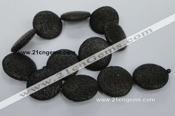 CLV51 15.5 inches 32mm flat round black natural lava beads wholesale