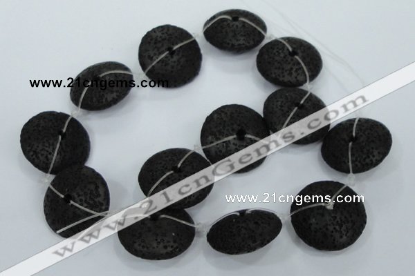 CLV54 15.5  inches 12*26mm flat round black natural lava beads wholesale